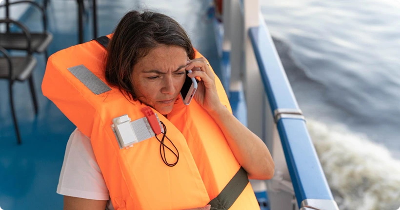 A concerned woman wearing a bright orange life jacket talking on her smartphone while on the deck of a boat or ferry.