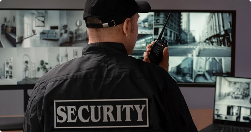 A security guard from behind, holding a walkie-talkie while monitoring multiple surveillance screens.