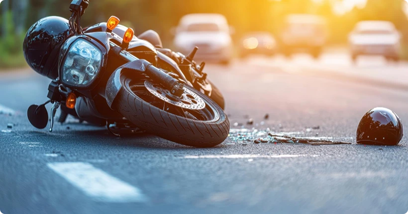 A black motorcycle lies crashed on its side on a road with a helmet nearby.