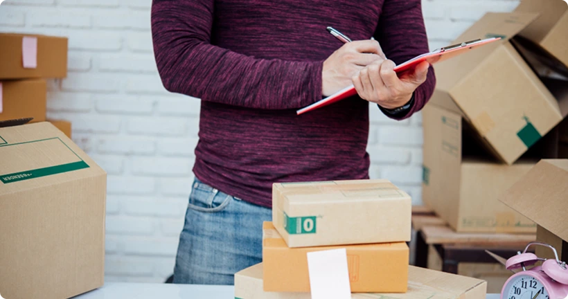 A person writing on a red clipboard next to stacks of cardboard boxes.