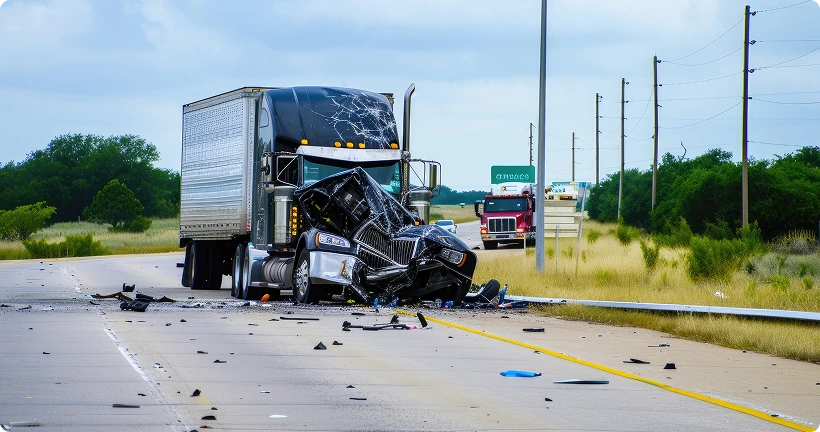 A semi-truck with severe front-end damage stopped on the side of a highway, surrounded by debris.
