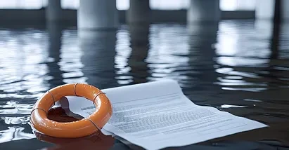 An orange lifebuoy and a legal document float on dark, rippling water inside a flooded building.