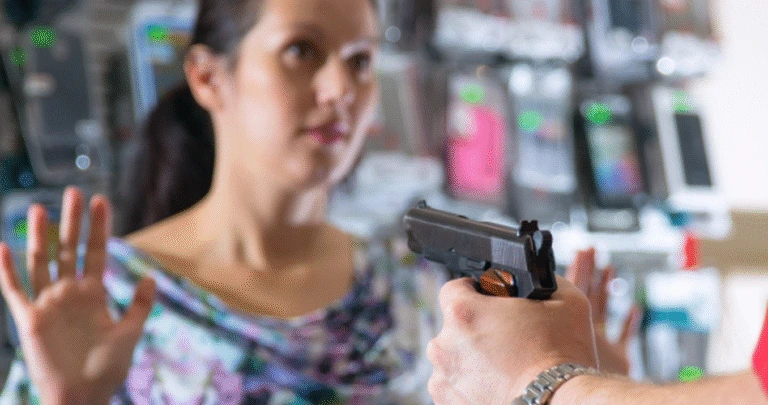 A person points a handgun at a woman holding her hands up defensively.