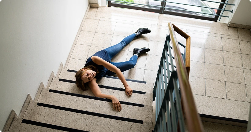 A woman lies injured and in pain on an indoor staircase landing after falling down the steps.
