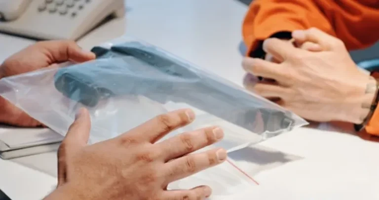 A handgun inside a clear plastic evidence bag on a desk between an investigator and a person in an orange jumpsuit.