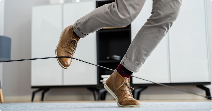 A close-up of a person in brown boots tripping over a black cord stretched across an office floor.