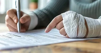 A person fills out a document with a pen while their other hand is wrapped in a bandage.